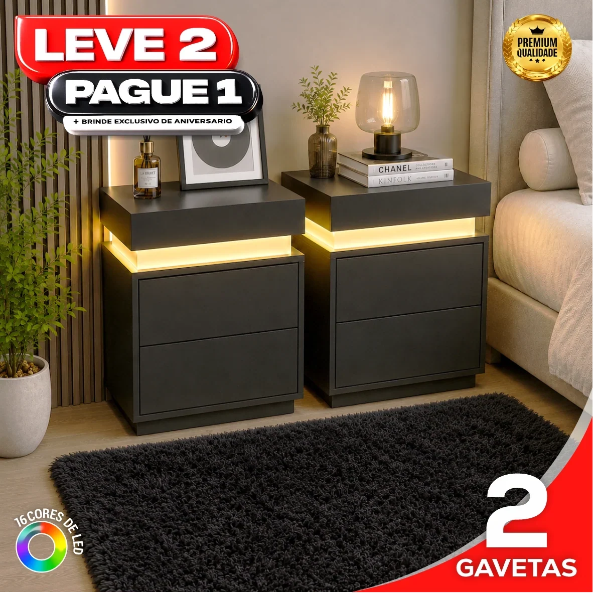 Gaveteiro Inteligente LED Multifuncional com Carregador