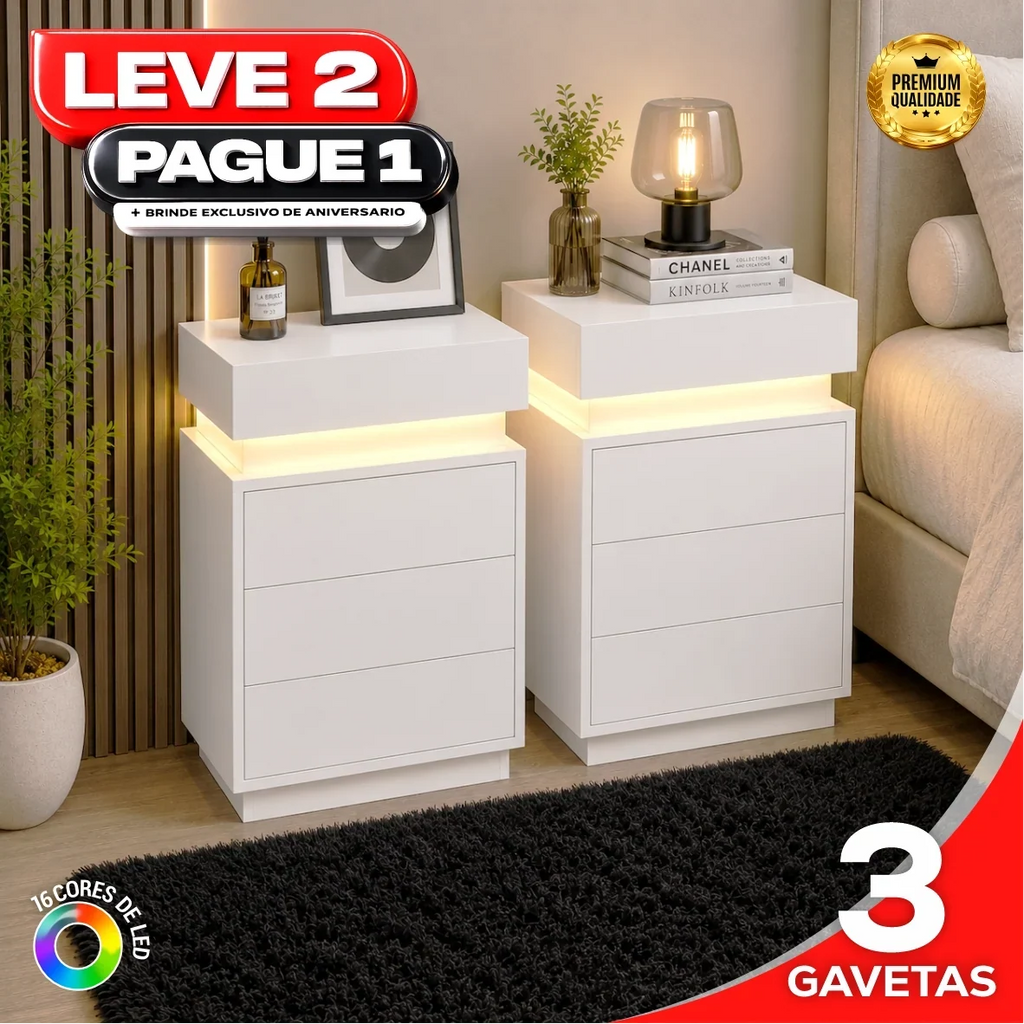 Gaveteiro Inteligente LED Multifuncional com Carregador