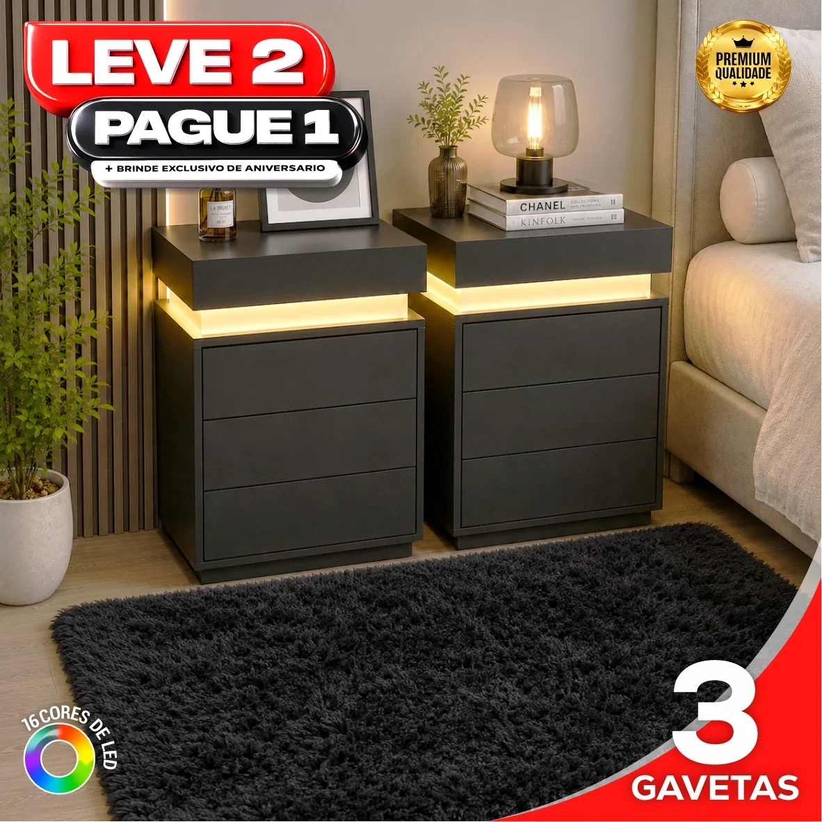Gaveteiro Inteligente LED Multifuncional com Carregador