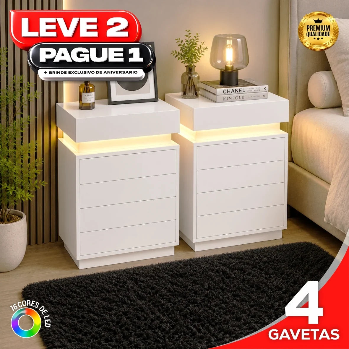 Gaveteiro Inteligente LED Multifuncional com Carregador
