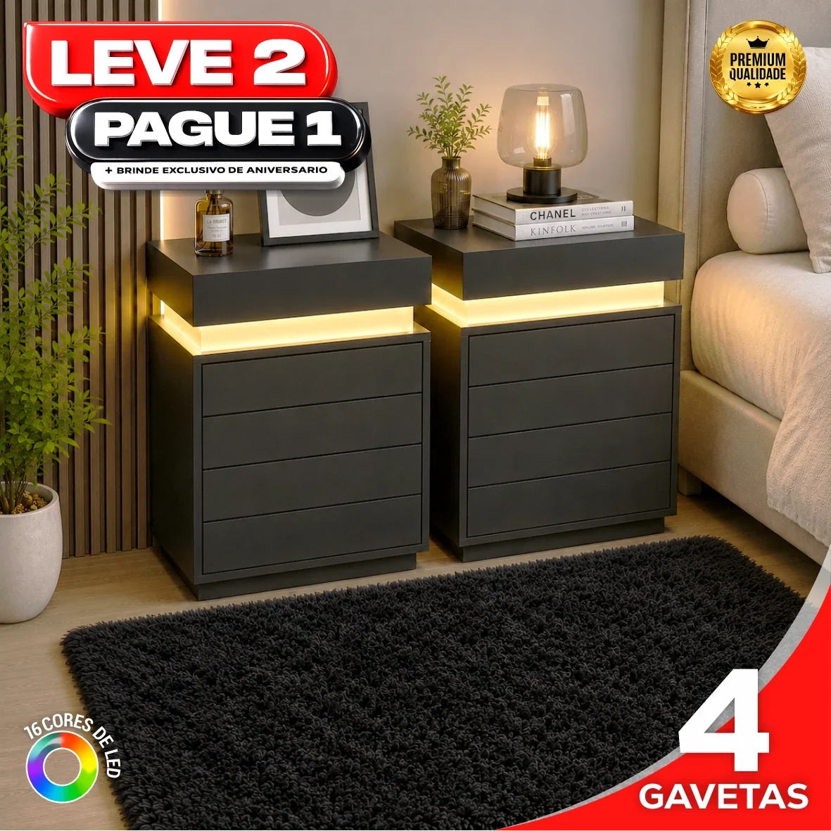 Gaveteiro Inteligente LED Multifuncional com Carregador