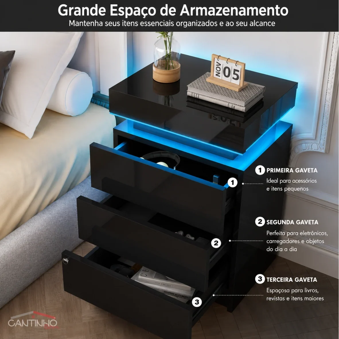 Gaveteiro Inteligente LED Multifuncional com Carregador