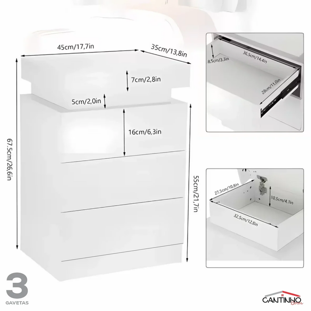 Gaveteiro Inteligente LED Multifuncional com Carregador